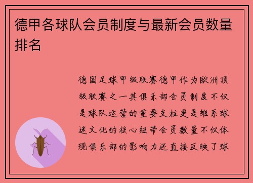 德甲各球队会员制度与最新会员数量排名